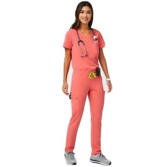 FIGS HOT CORAL CATARINA ONE POCKET SCRUB TOP - Picture 2 of 5